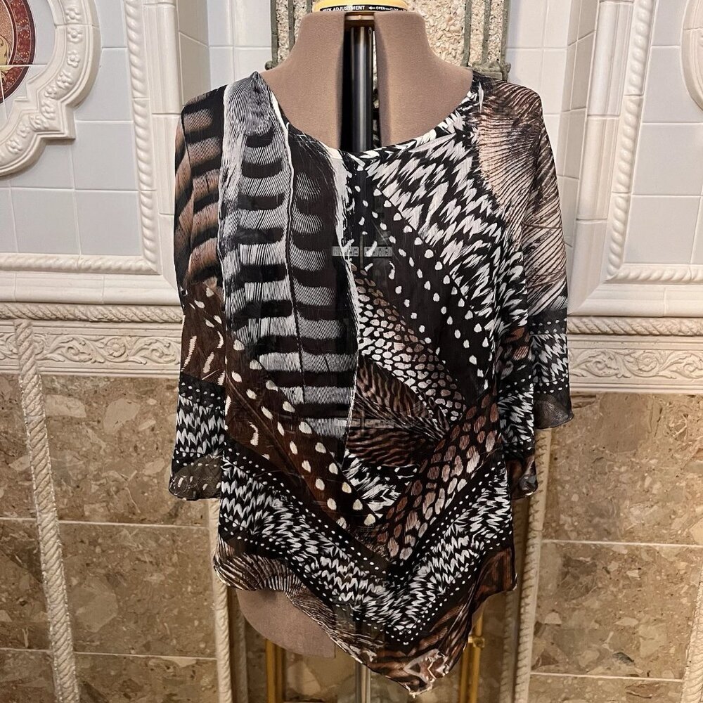 Energe. Size 2X. Chiffon Lagenlook Overlay. Asymmetrical. Border Print. B80
